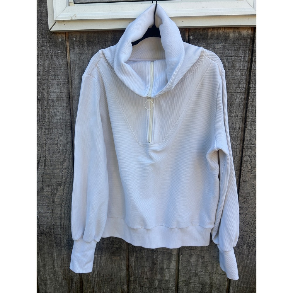 Varley Hawley 1/2 Zip Sweatshirt  White Ribbed Funnel Neck Pullover Quiet Luxury
